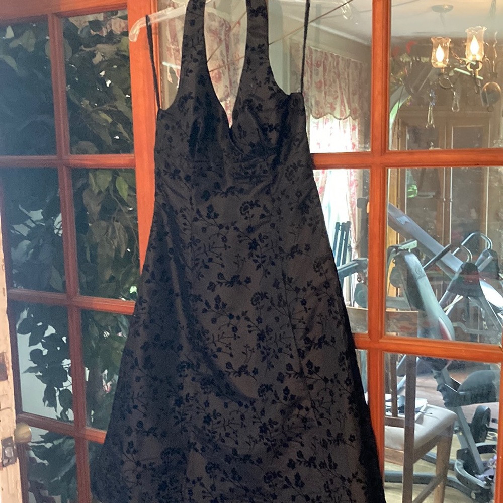 Special occasion mid length black halter dress